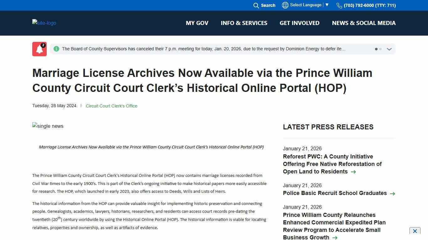 Marriage License Archives Now Available via the Prince William County Circuit Court Clerk’s Historical Online Portal (HOP)